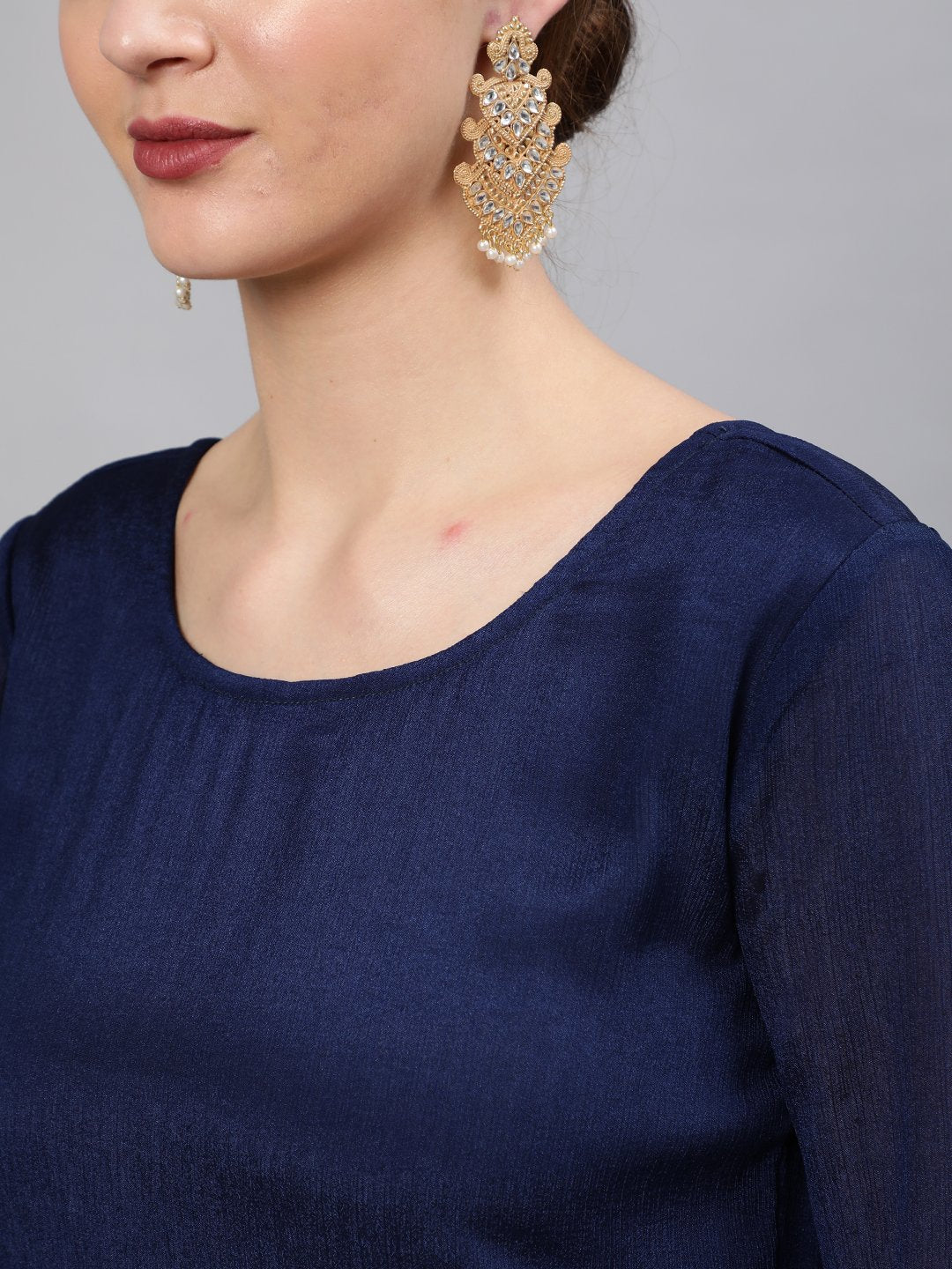 Women Navy Blue Embroidered Maxi Dress WIth Scalloped Dupatta | NOZ2TOZ - Made In INDIA.