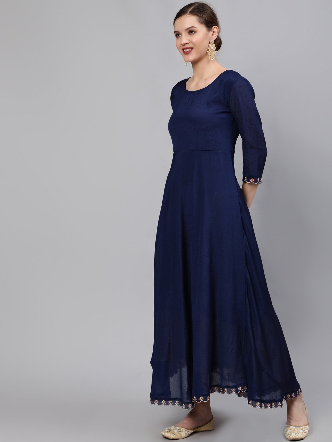 Women Navy Blue Embroidered Maxi Dress WIth Scalloped Dupatta | NOZ2TOZ - Made In INDIA.