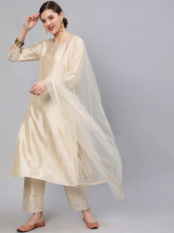 Women Cream Embroidered Straight Kurta With Plazo & Dupatta | NOZ2TOZ - Made In INDIA.