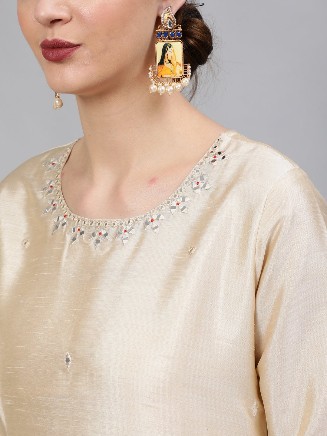 Women Cream Embroidered Straight Kurta With Plazo & Dupatta | NOZ2TOZ - Made In INDIA.