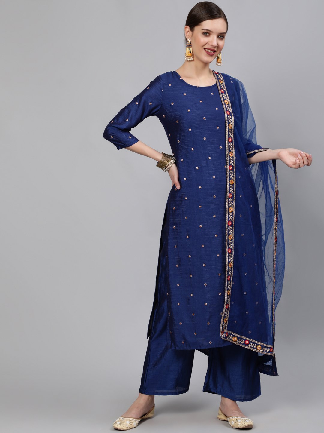 Women Blue Embroidered Straight Kurta With Plazo & Dupatta | NOZ2TOZ - Made In INDIA.