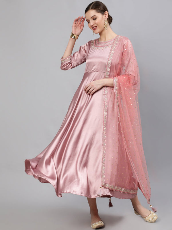 Women Pink Embroidered Maxi Dress WIth Sequuined Dupatta | NOZ2TOZ - Made In INDIA.