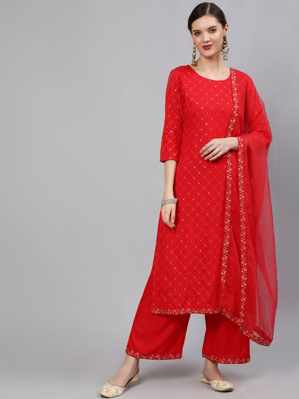 Women Red Sequinned Embroidered Straight Kurta With Plazo & Dupatta | NOZ2TOZ - Made In INDIA.