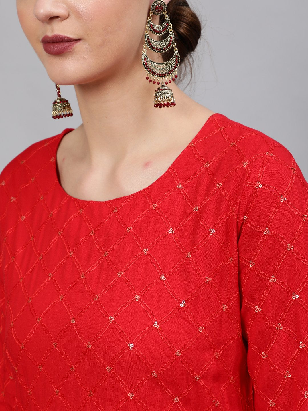 Women Red Sequinned Embroidered Straight Kurta With Plazo & Dupatta | NOZ2TOZ - Made In INDIA.