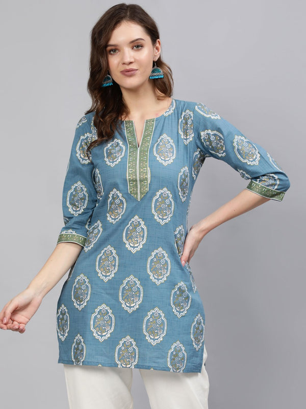 Women Blue & Gold Printed Tunic With Three Quarter Sleeves | NOZ2TOZ - Made In INDIA.