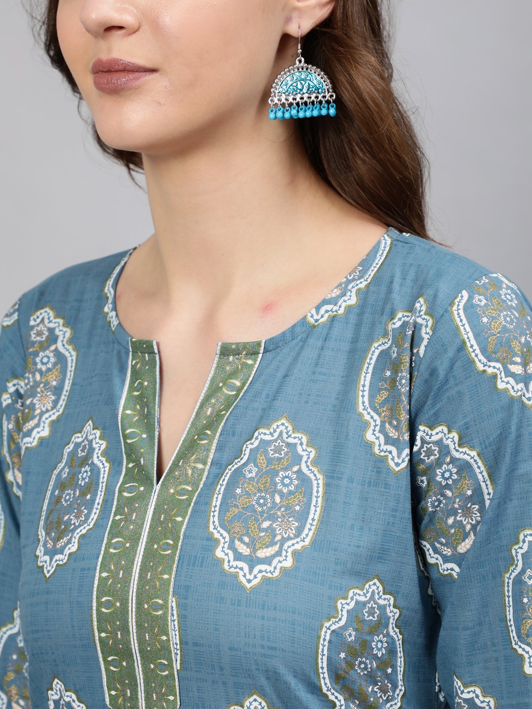 Women Blue & Gold Printed Tunic With Three Quarter Sleeves | NOZ2TOZ - Made In INDIA.