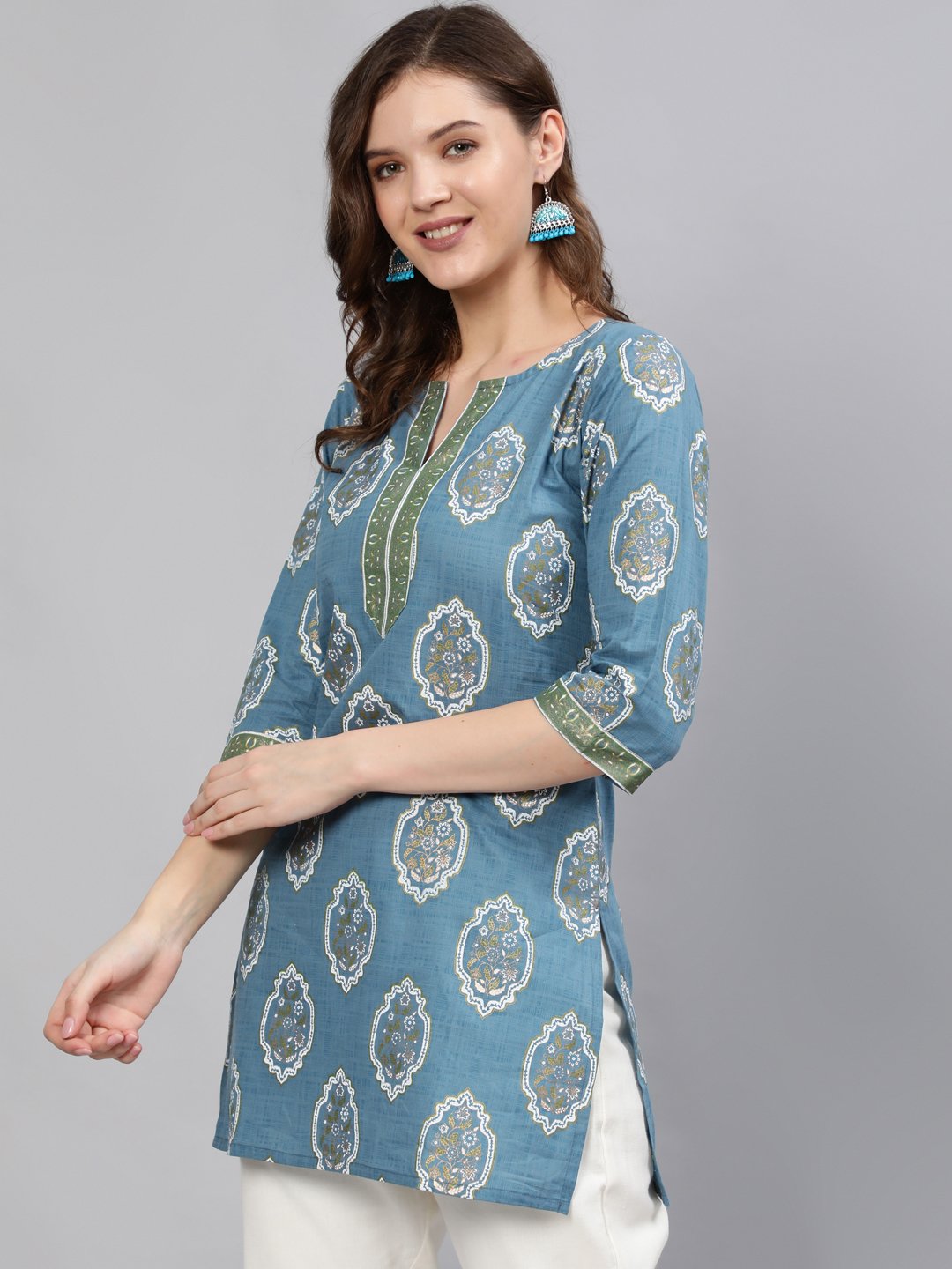 Women Blue & Gold Printed Tunic With Three Quarter Sleeves | NOZ2TOZ - Made In INDIA.