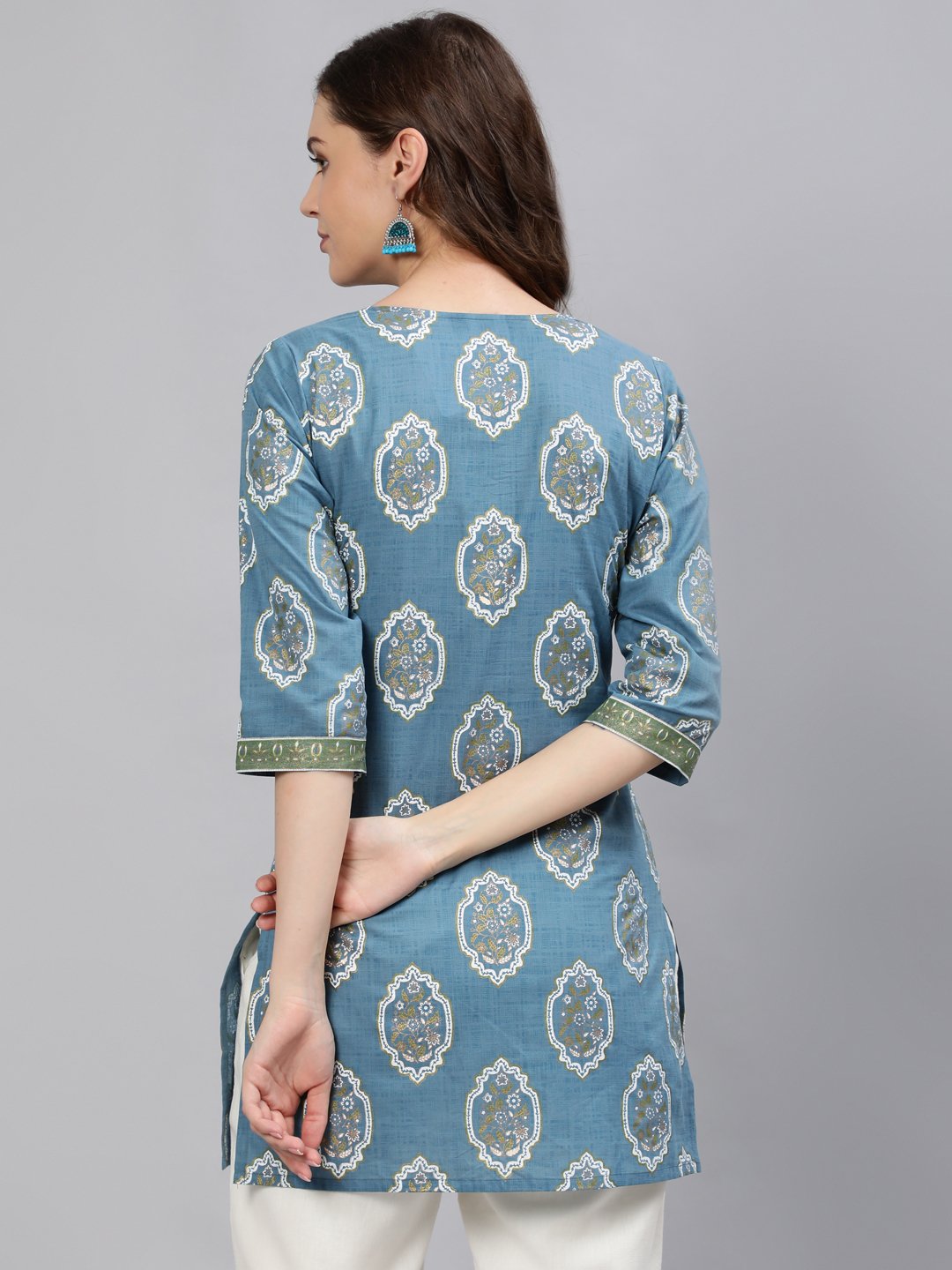 Women Blue & Gold Printed Tunic With Three Quarter Sleeves | NOZ2TOZ - Made In INDIA.