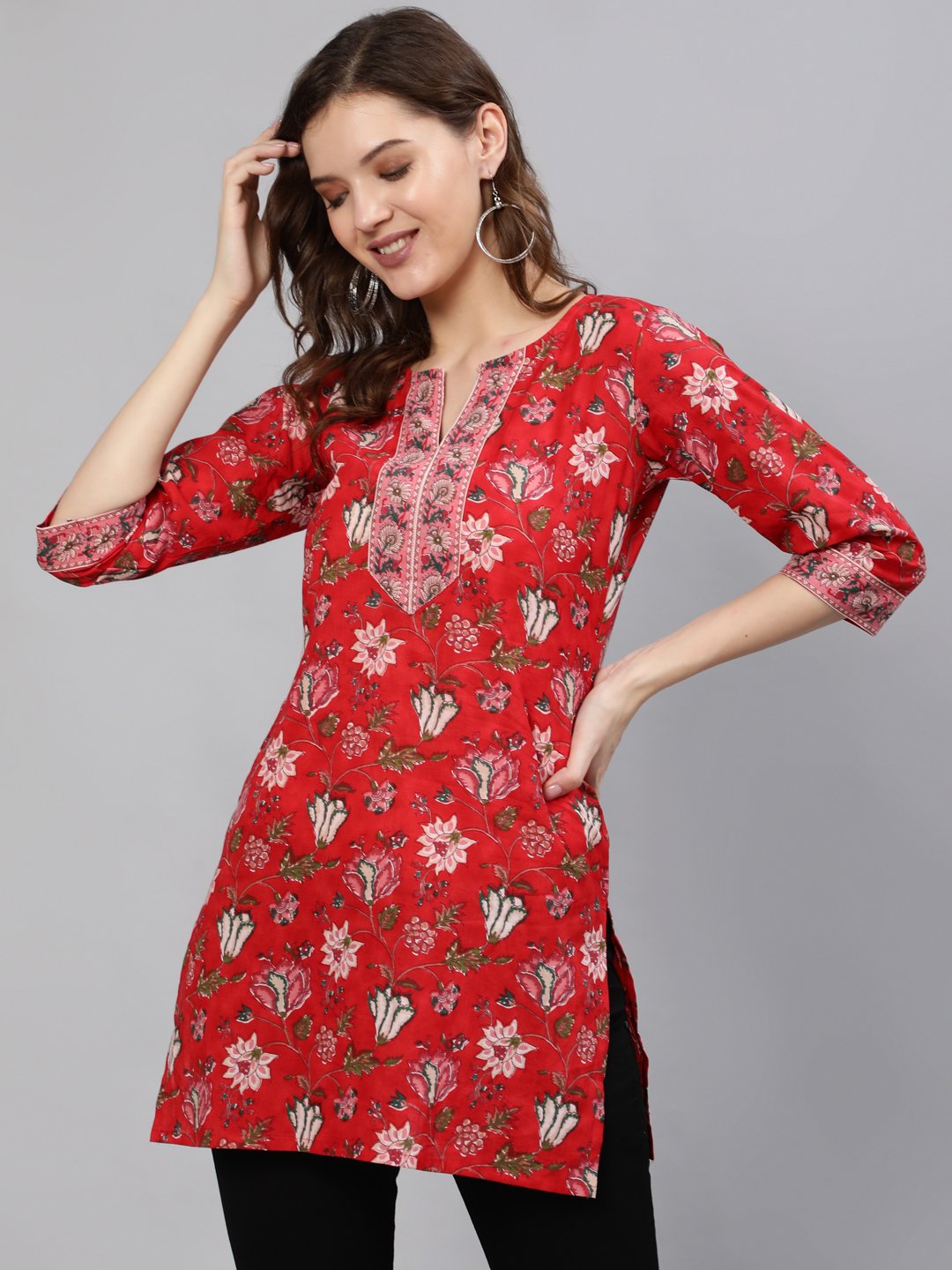 Women Red Floral Printed Tunic With Three Quarter Sleeves | NOZ2TOZ - Made In INDIA.