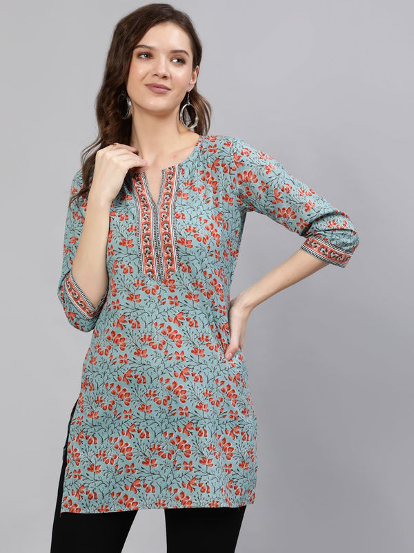 Women Green Floral Printed Tunic With Three Quarter Sleeves | NOZ2TOZ - Made In INDIA.