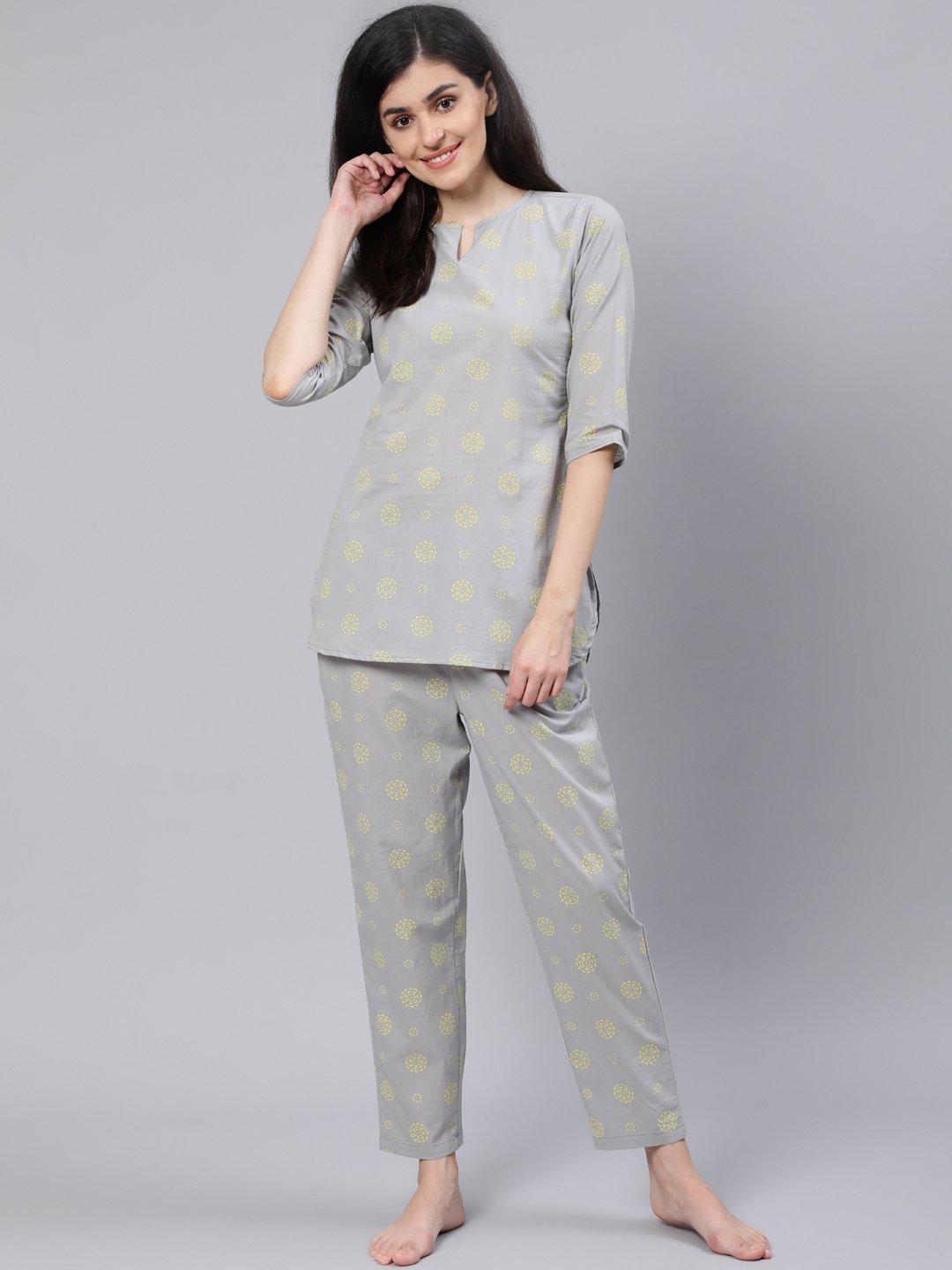 Women Grey Printed Night Suit | NOZ2TOZ - Made In INDIA.