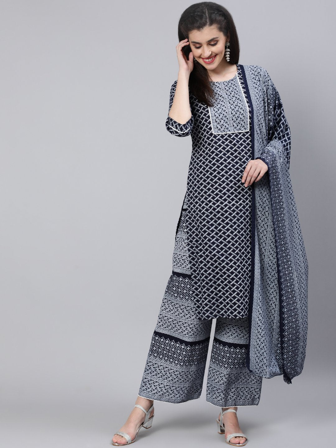 Women Black & White Printed Straight Kurta With Plazo & Dupatta | NOZ2TOZ - Made In INDIA.