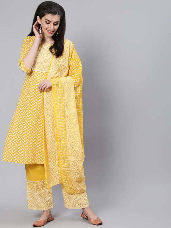 Women Yellow & White Printed Straight Kurta With Plazo & Dupatta | NOZ2TOZ - Made In INDIA.