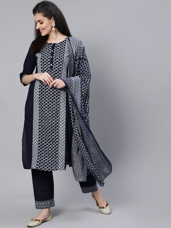 Women Black Panelled Straight Kurta With Plazo & Dupatta | NOZ2TOZ - Made In INDIA.