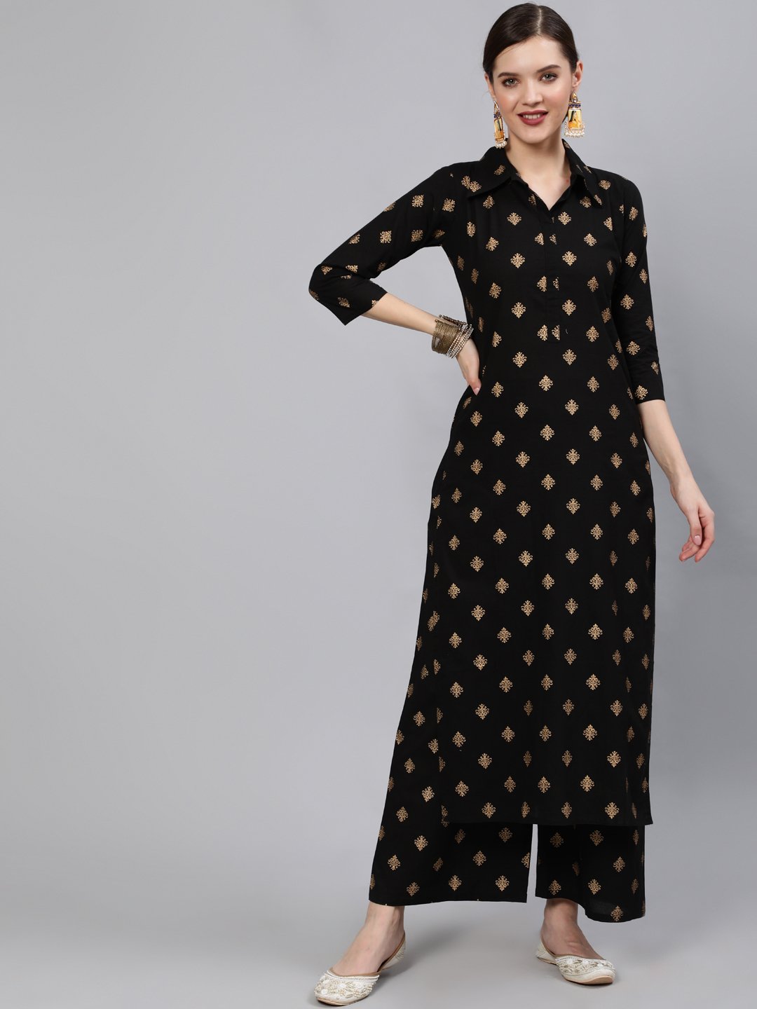 Women Black & Gold Printed Straight Kurta With Plazo | NOZ2TOZ - Made In INDIA.