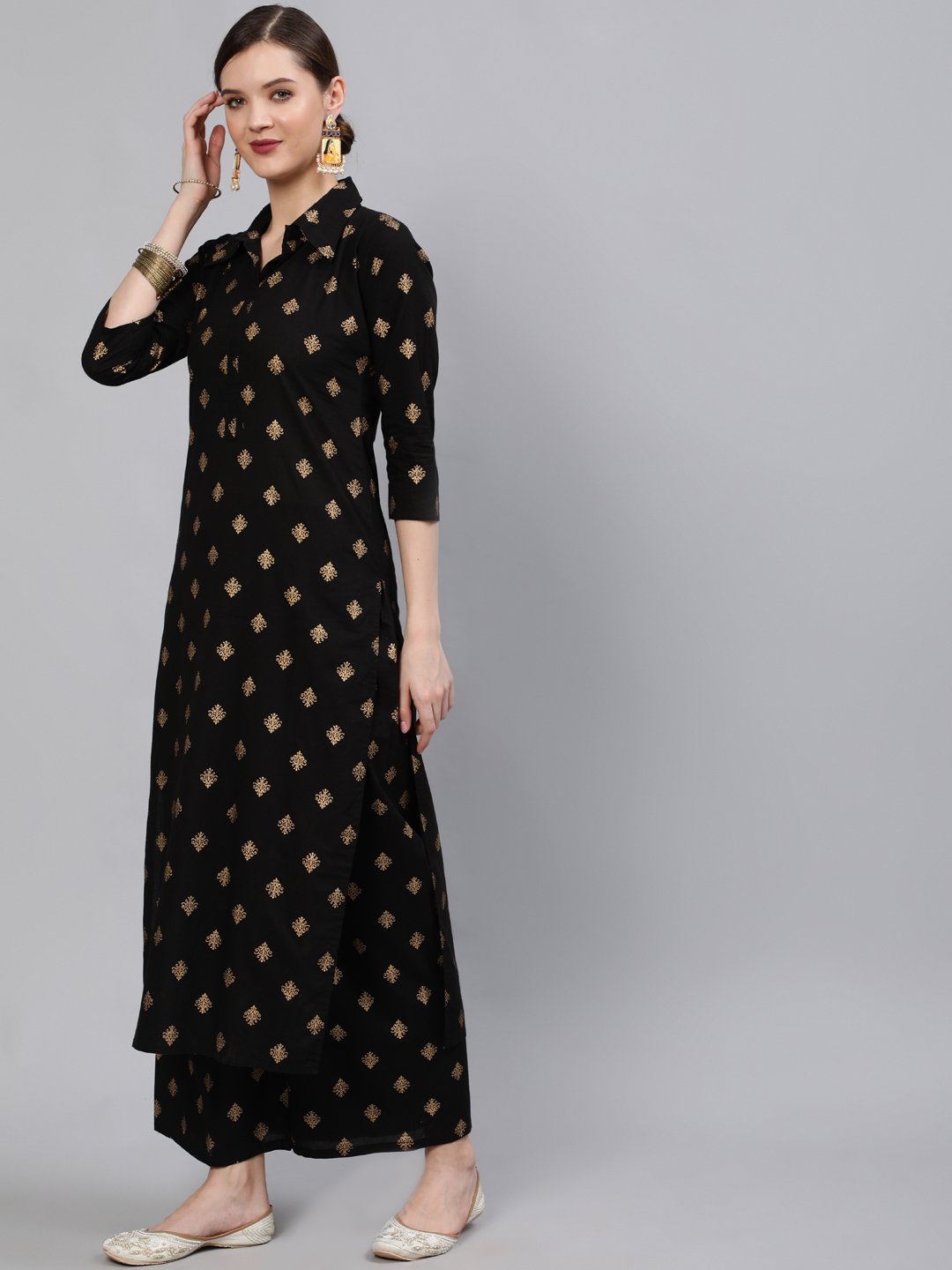 Women Black & Gold Printed Straight Kurta With Plazo | NOZ2TOZ - Made In INDIA.