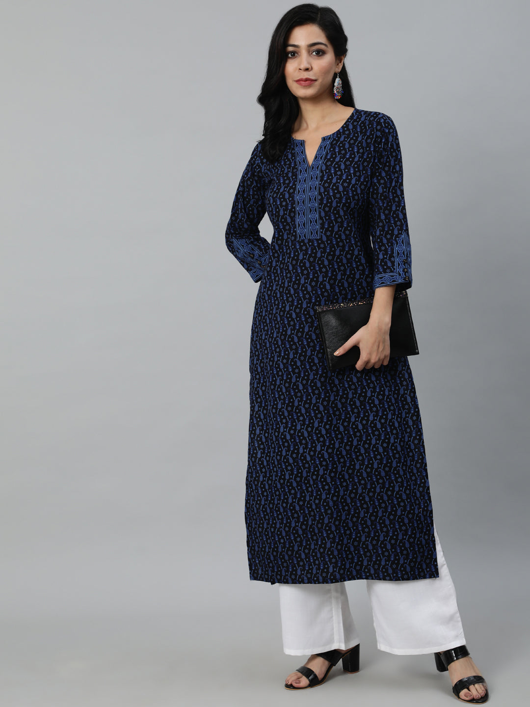 Women Black Printed Straight Kurta With Three Quarter Sleeves | NOZ2TOZ - Made In INDIA.