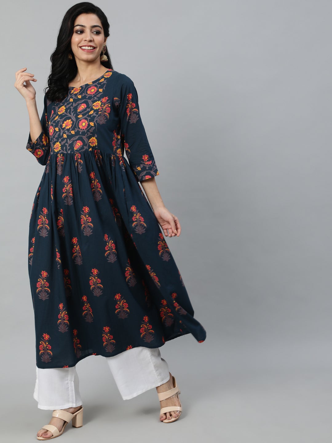 Women Blue And Pink Floral Ethnic A-line Midi Dress | NOZ2TOZ - Made In INDIA.