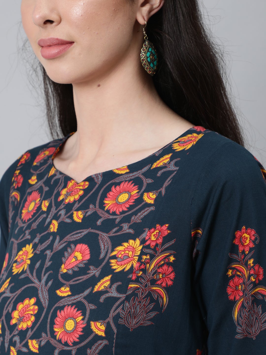 Women Blue And Pink Floral Ethnic A-line Midi Dress | NOZ2TOZ - Made In INDIA.