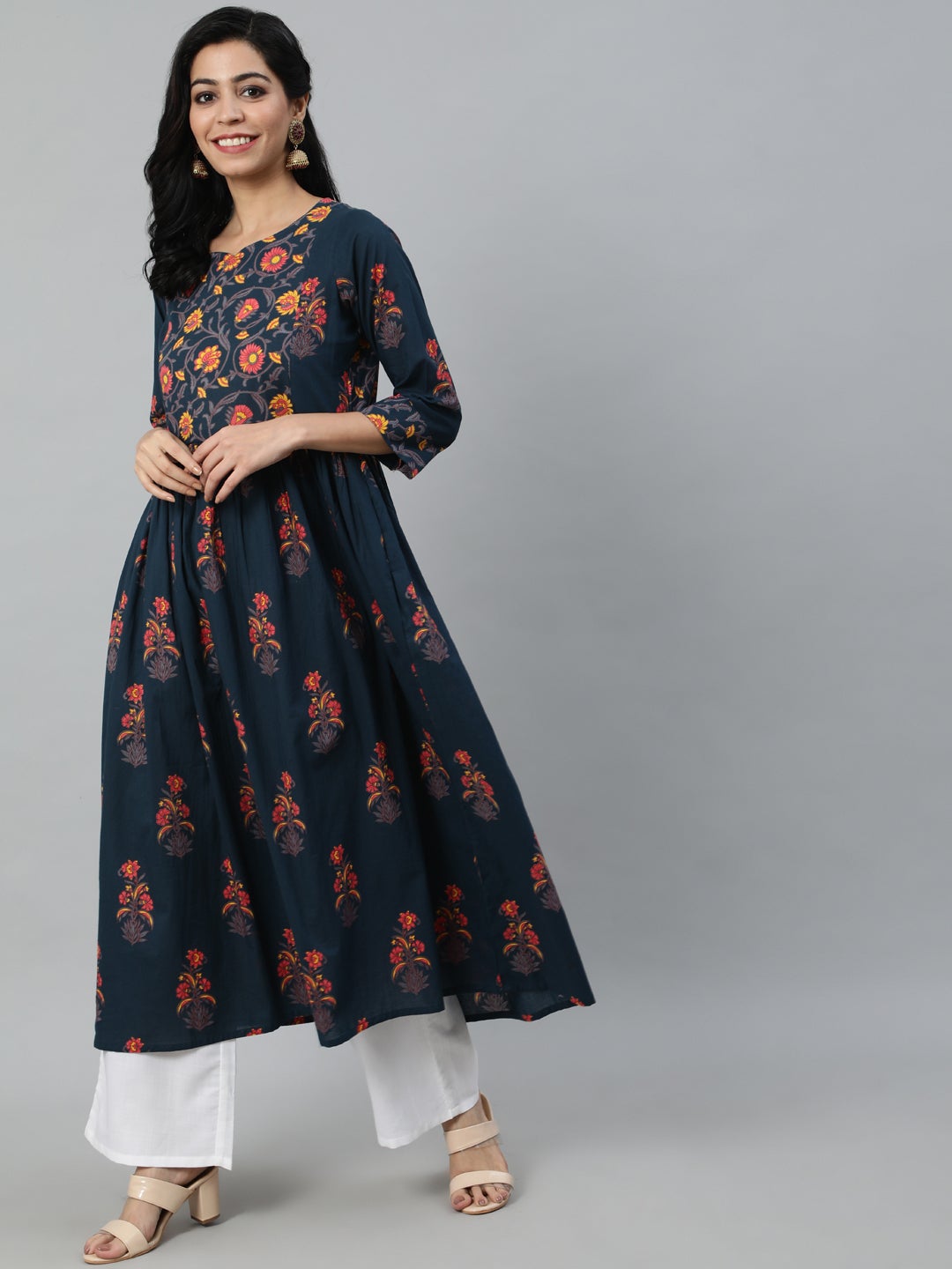 Women Blue And Pink Floral Ethnic A-line Midi Dress | NOZ2TOZ - Made In INDIA.