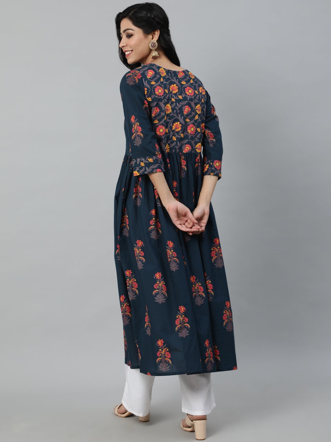 Women Blue And Pink Floral Ethnic A-line Midi Dress | NOZ2TOZ - Made In INDIA.