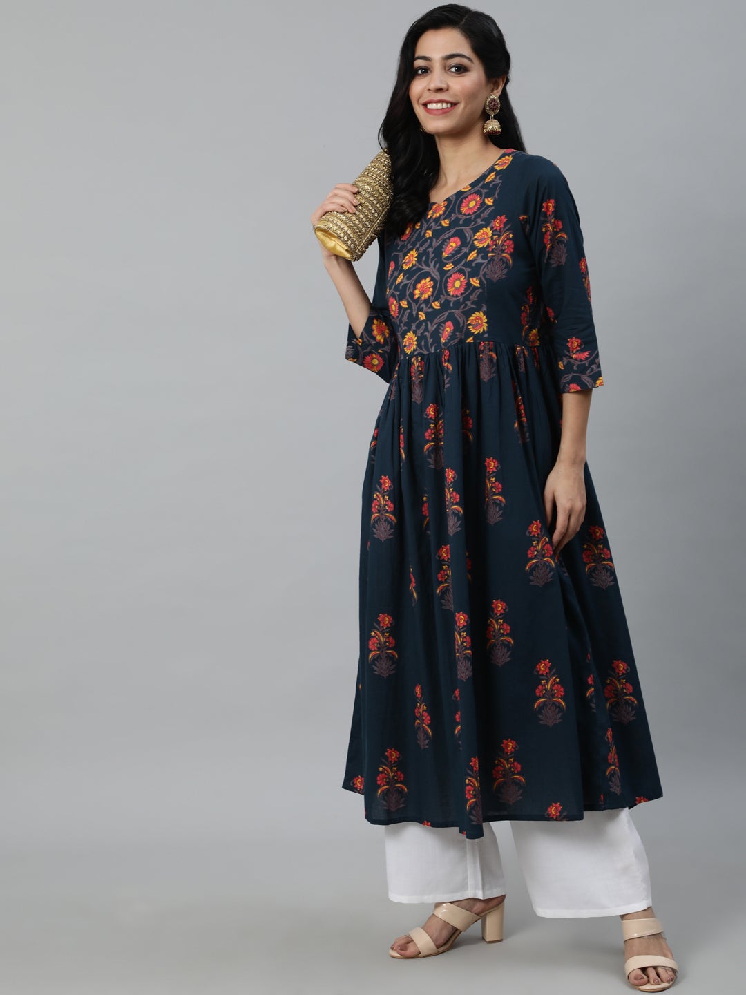 Women Blue And Pink Floral Ethnic A-line Midi Dress | NOZ2TOZ - Made In INDIA.