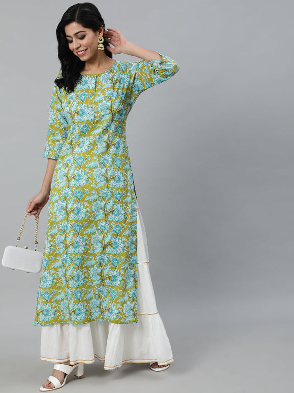 Women Green Floral Printed Straight Kurta With Three Quarter Sleeves | NOZ2TOZ - Made In INDIA.