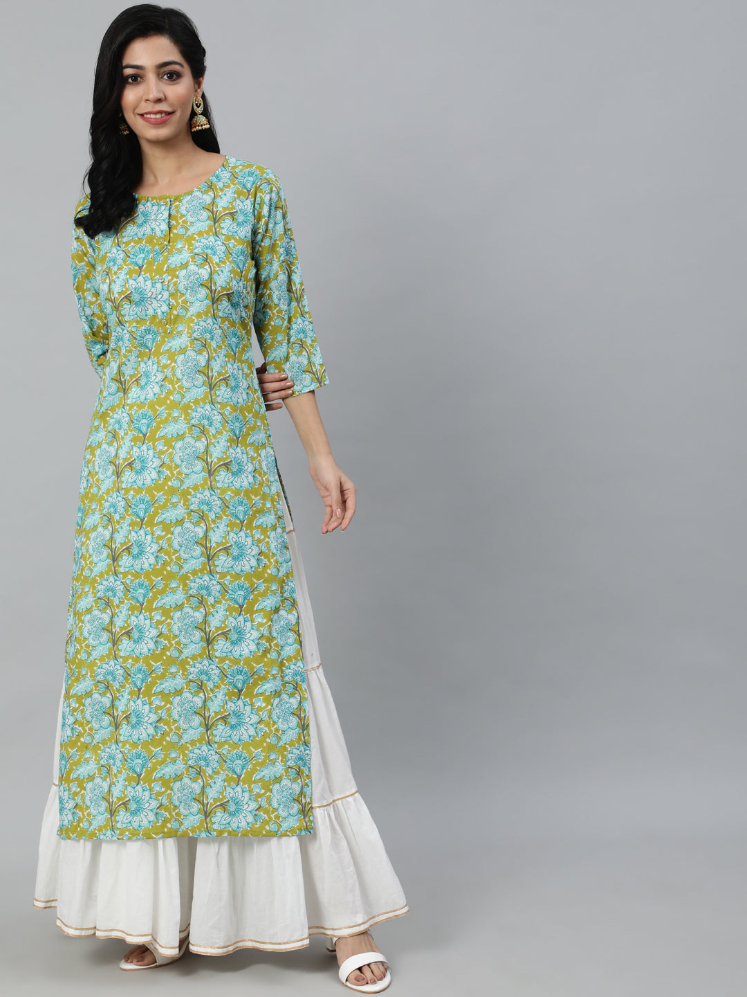 Women Green Floral Printed Straight Kurta With Three Quarter Sleeves | NOZ2TOZ - Made In INDIA.