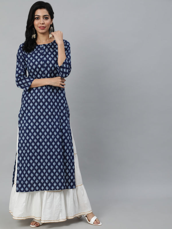 Women Navy Blue Ethnic Printed Straight Kurta With Three Quarter Sleeves | NOZ2TOZ - Made In INDIA.