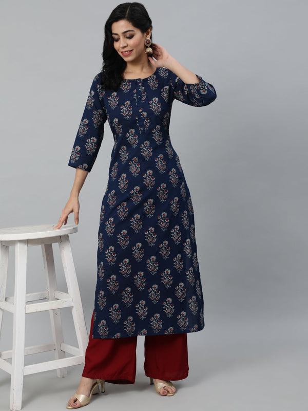 Women Blue Ethnic Motifs Printed Kurta | NOZ2TOZ - Made In INDIA.