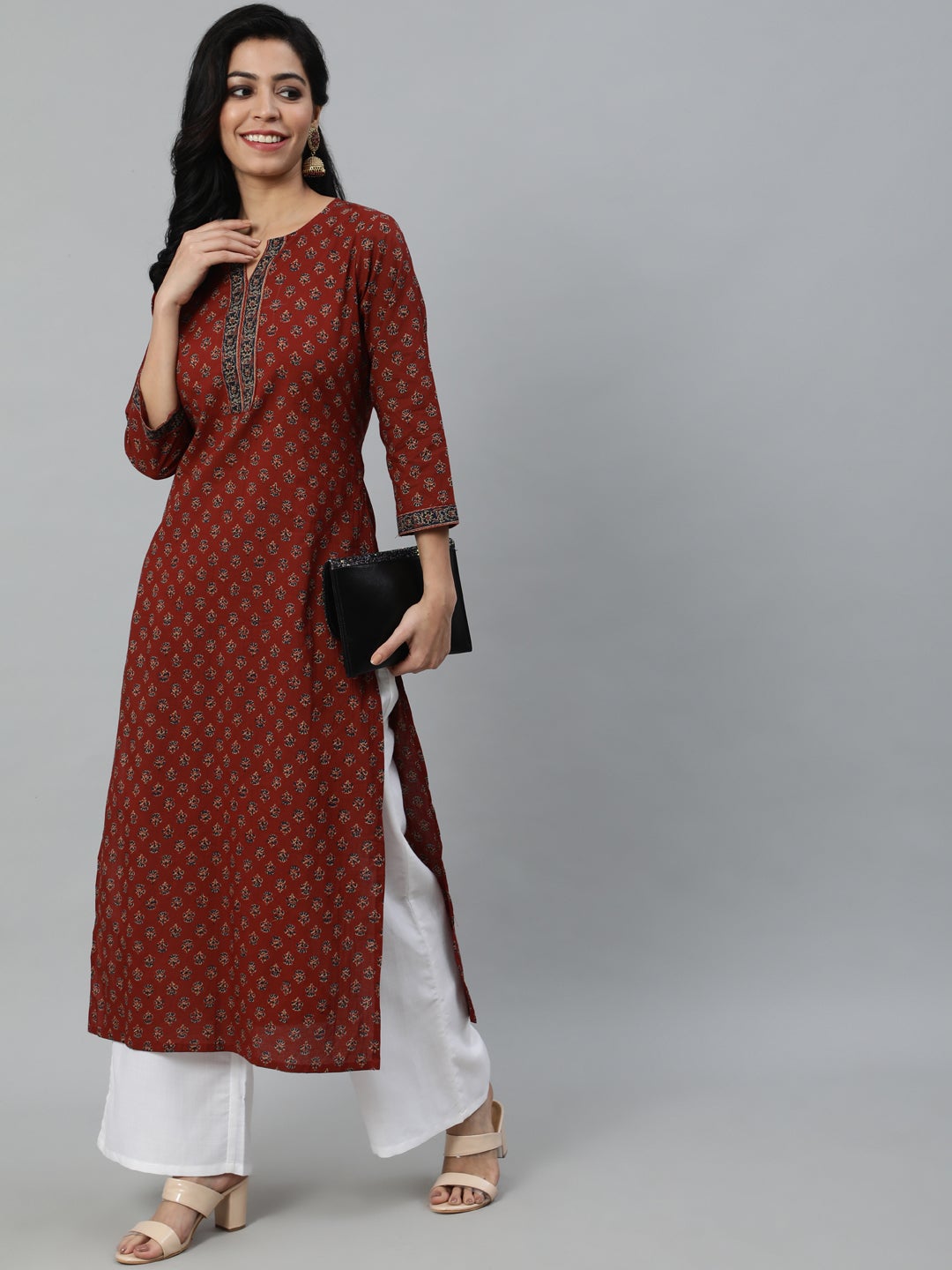 Women Maroon Printed Straight Kurta With Three quarter Sleeves | NOZ2TOZ - Made In INDIA.