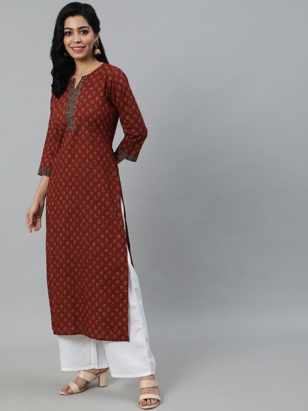 Women Maroon Printed Straight Kurta With Three quarter Sleeves | NOZ2TOZ - Made In INDIA.