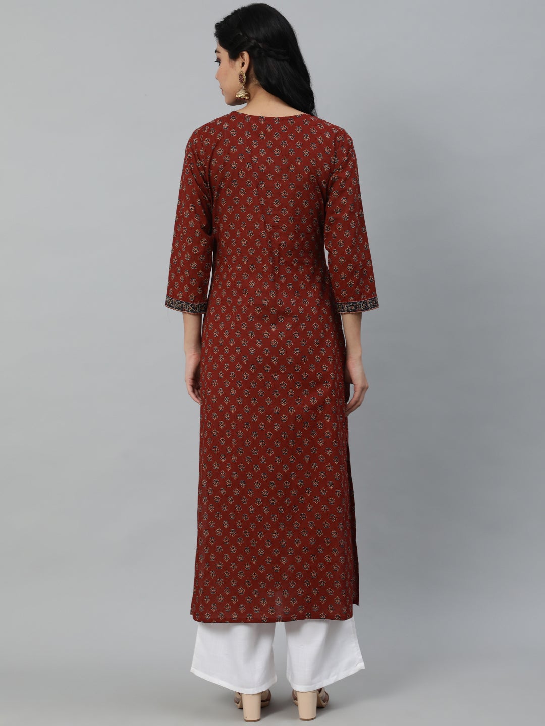 Women Maroon Printed Straight Kurta With Three quarter Sleeves | NOZ2TOZ - Made In INDIA.