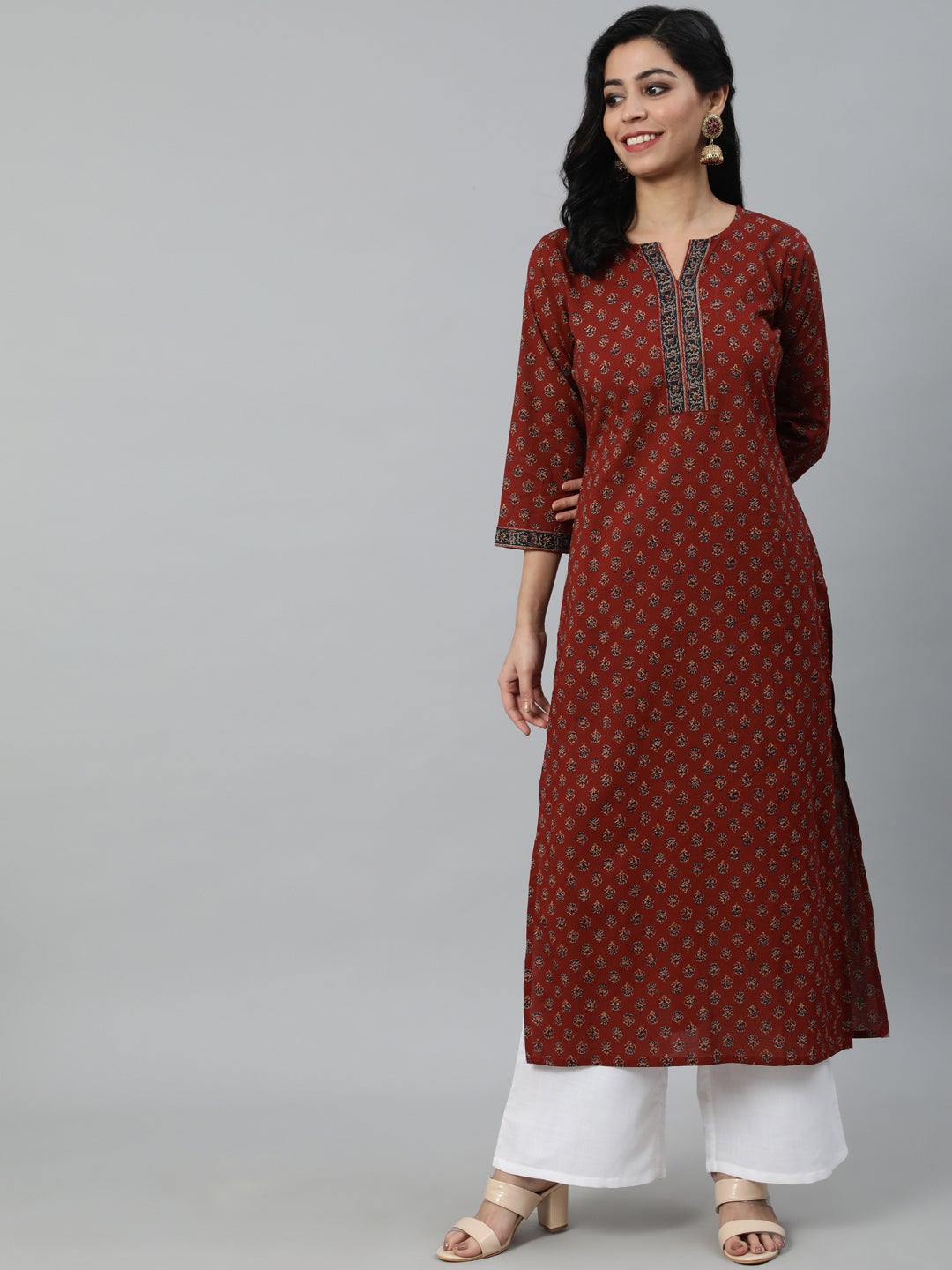 Women Maroon Printed Straight Kurta With Three quarter Sleeves | NOZ2TOZ - Made In INDIA.