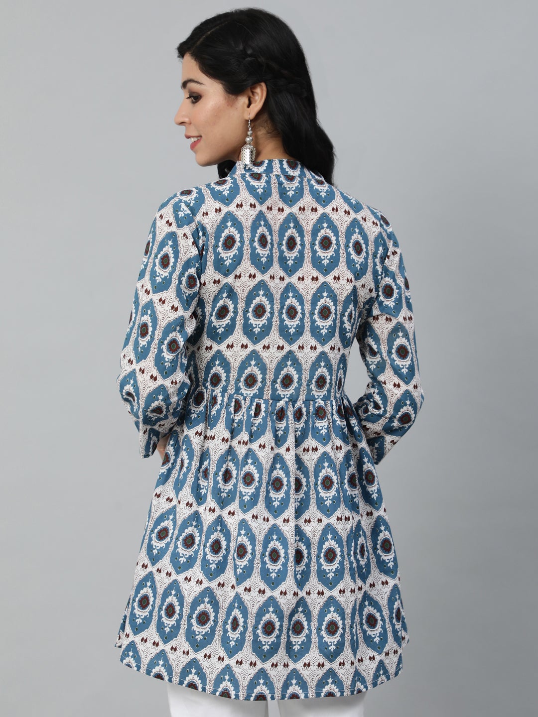 Women Blue & Off White Printed Mandarin Collar Cotton Tunic | NOZ2TOZ - Made In INDIA.