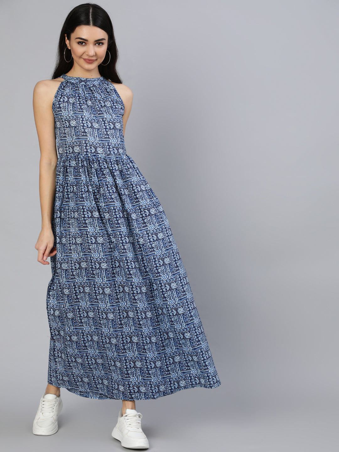 Women Blue Geometric Printed Helter Neck Dress | NOZ2TOZ - Made In INDIA.