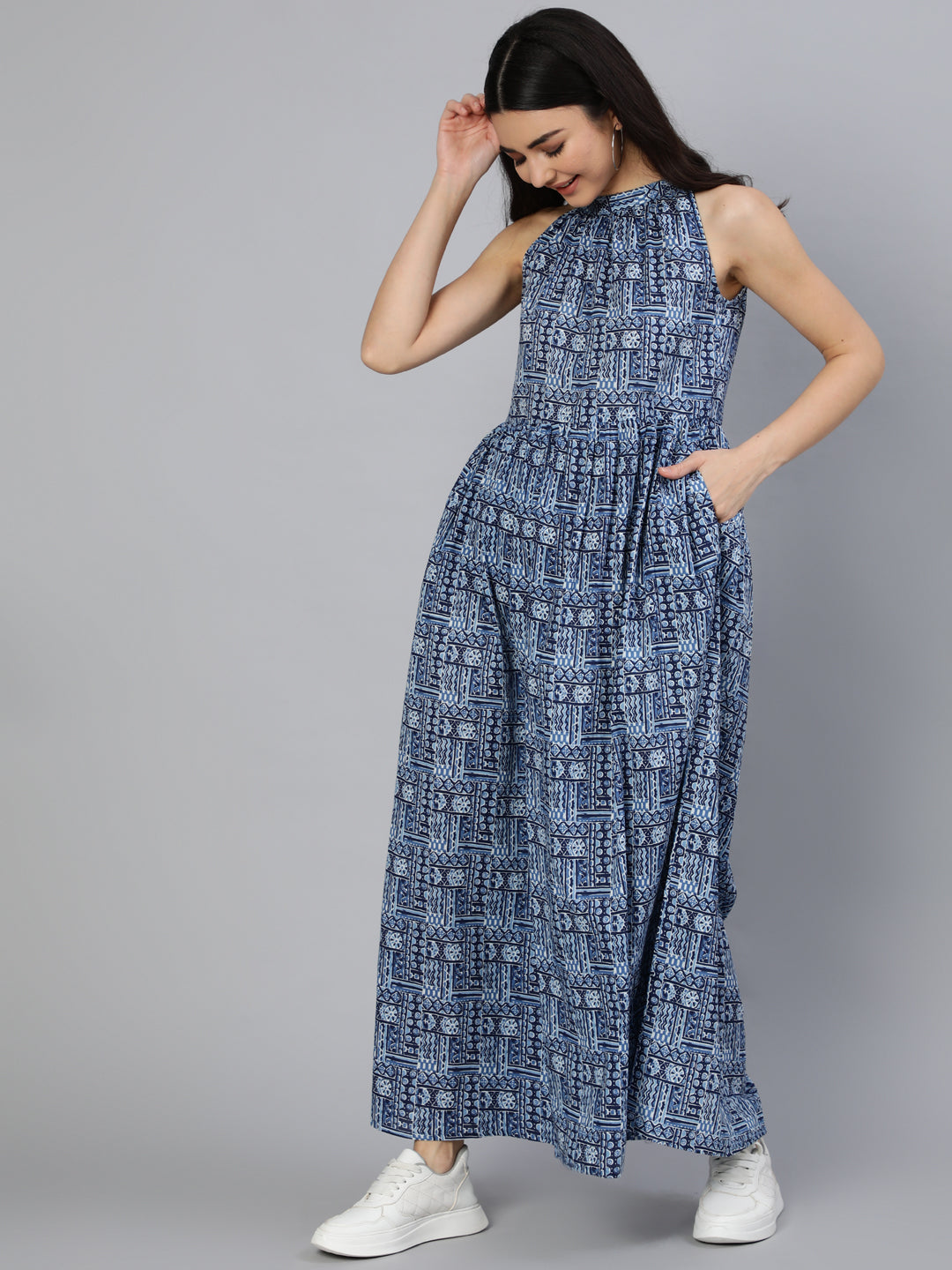 Women Blue Geometric Printed Helter Neck Dress | NOZ2TOZ - Made In INDIA.