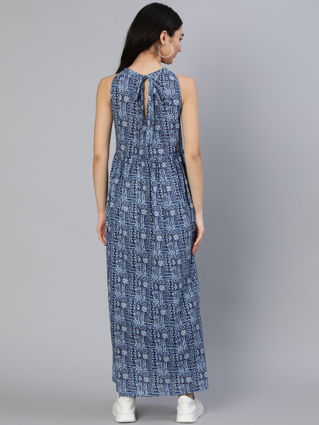 Women Blue Geometric Printed Helter Neck Dress | NOZ2TOZ - Made In INDIA.