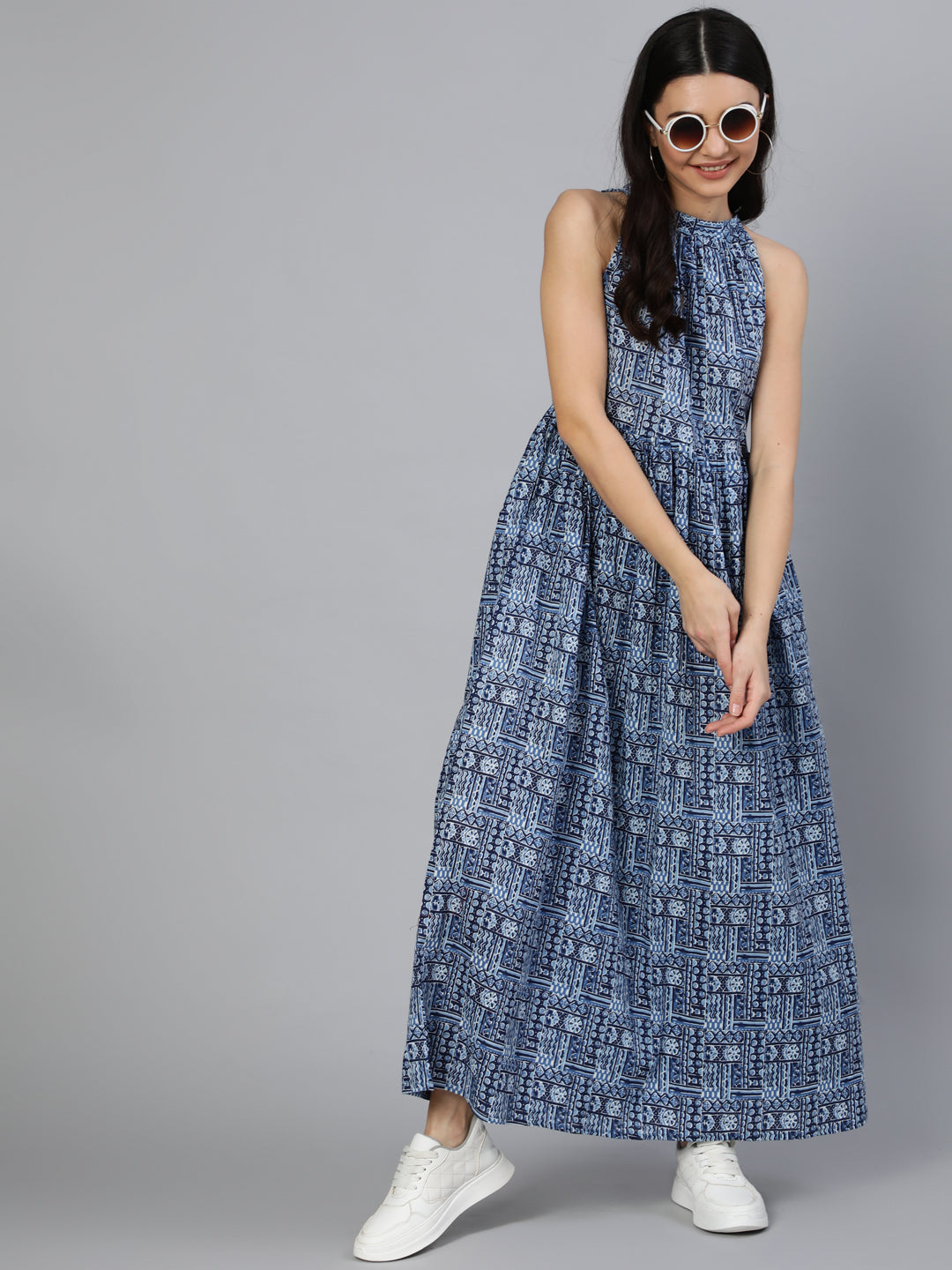 Women Blue Geometric Printed Helter Neck Dress | NOZ2TOZ - Made In INDIA.