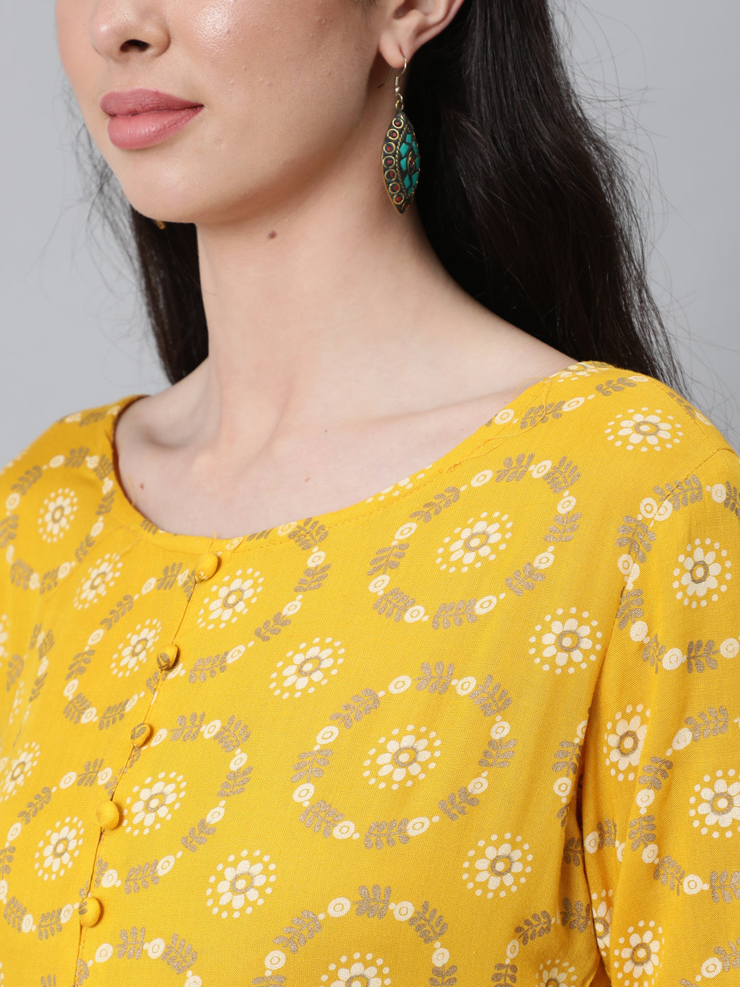 Women Yellow Ethnic Printed Flared Dress With Three Quarter Sleeves | NOZ2TOZ - Made In INDIA.