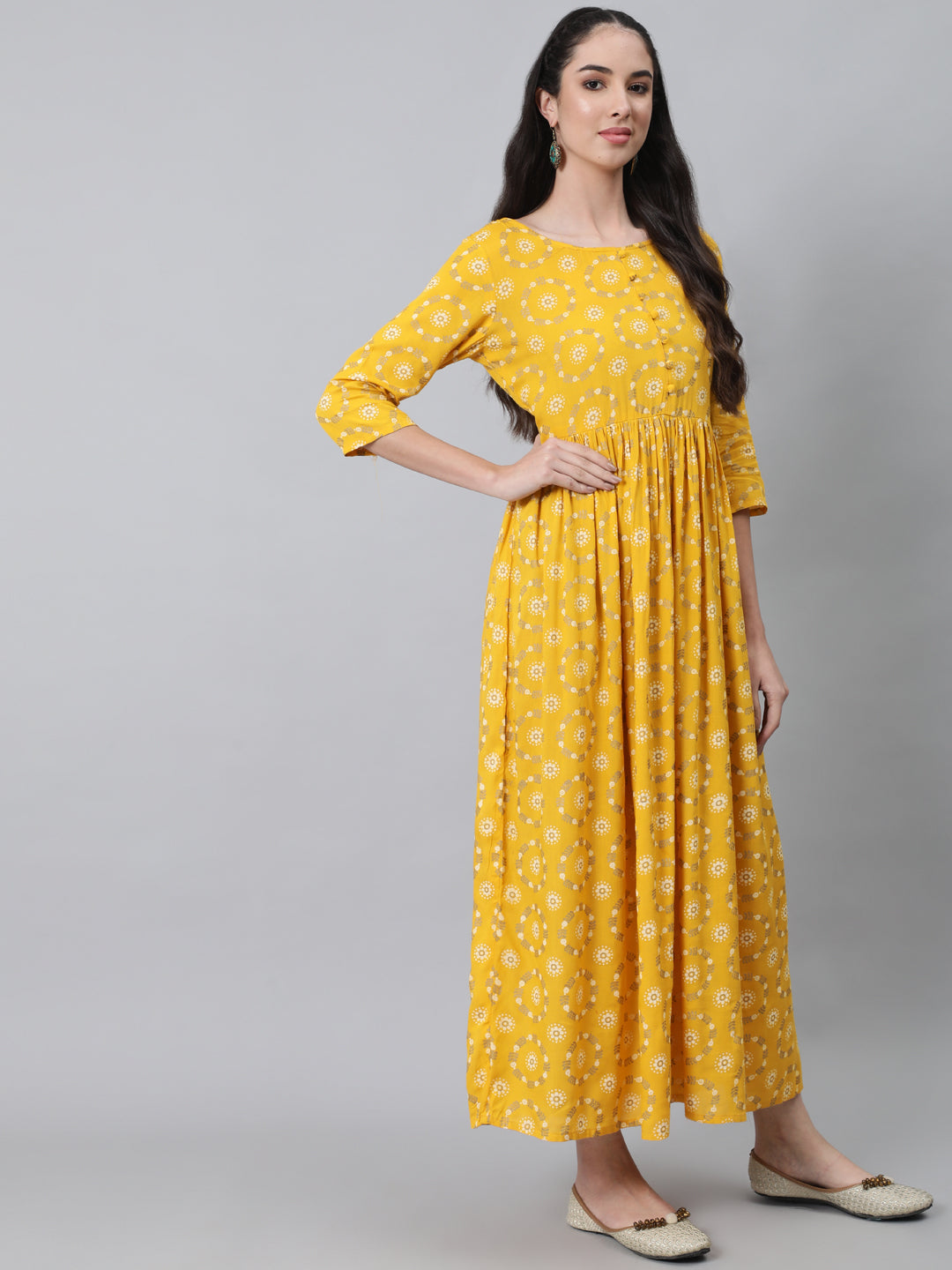 Women Yellow Ethnic Printed Flared Dress With Three Quarter Sleeves | NOZ2TOZ - Made In INDIA.