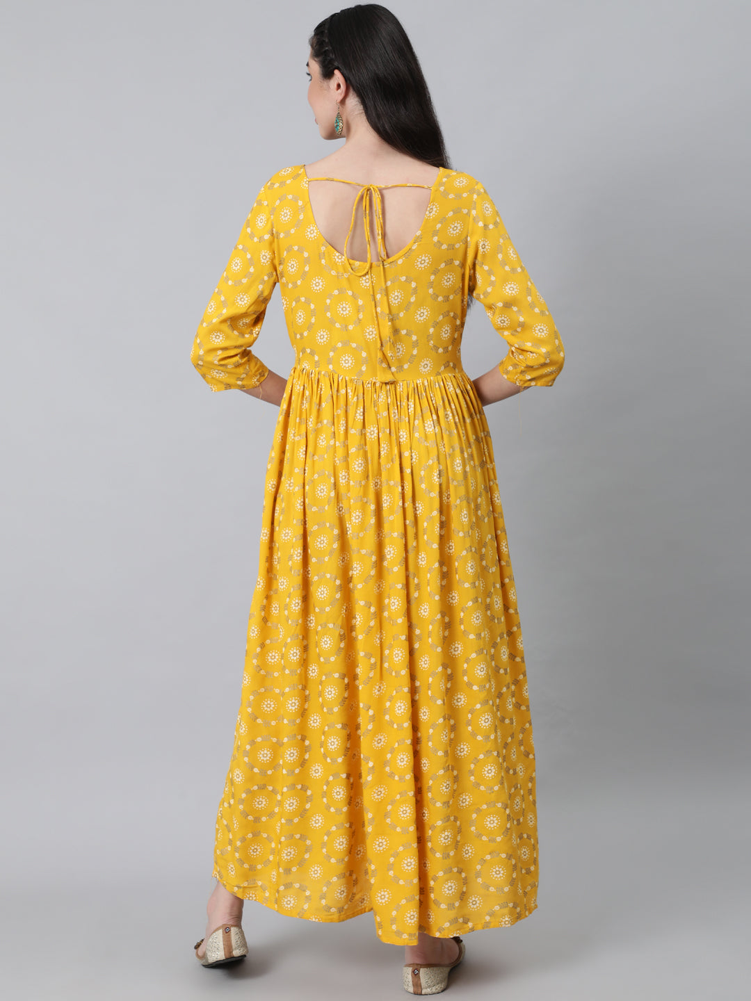 Women Yellow Ethnic Printed Flared Dress With Three Quarter Sleeves | NOZ2TOZ - Made In INDIA.