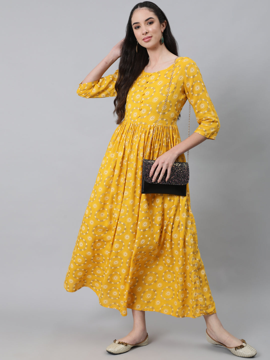 Women Yellow Ethnic Printed Flared Dress With Three Quarter Sleeves | NOZ2TOZ - Made In INDIA.