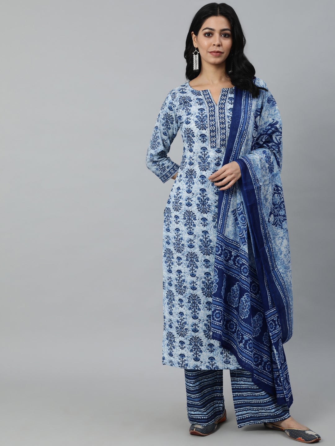 Women Blue Ethnic Motifs Printed Pleated Pure Cotton Kurta with Palazzos & Dupatta | NOZ2TOZ - Made In INDIA.