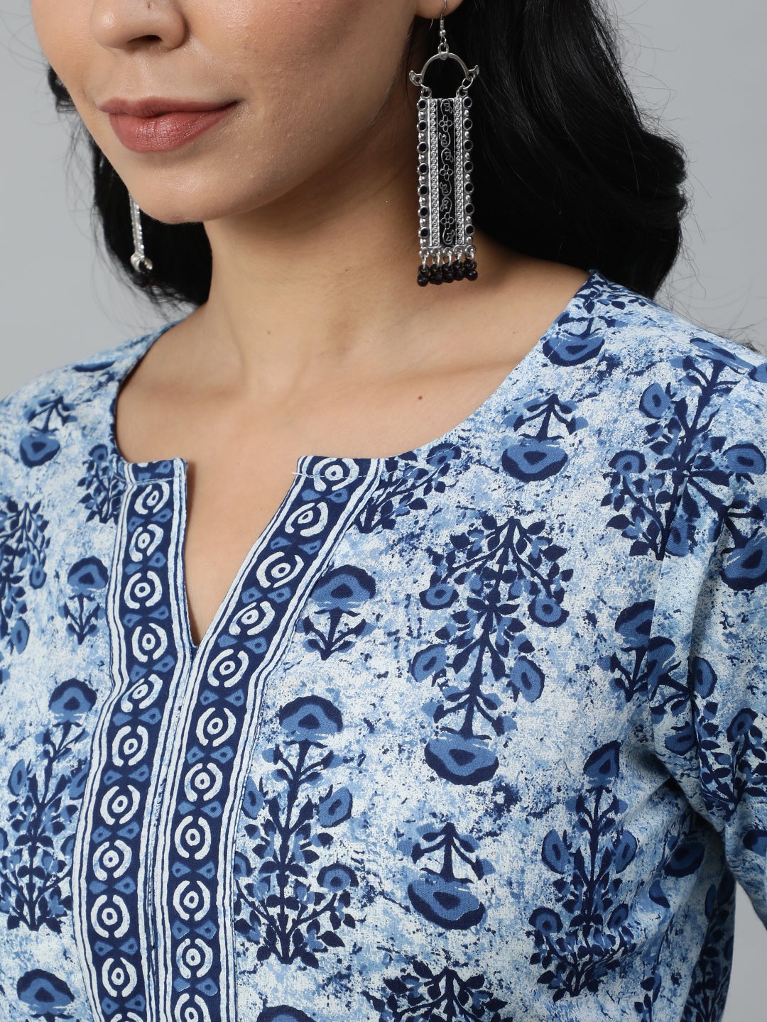 Women Blue Ethnic Motifs Printed Pleated Pure Cotton Kurta with Palazzos & Dupatta | NOZ2TOZ - Made In INDIA.