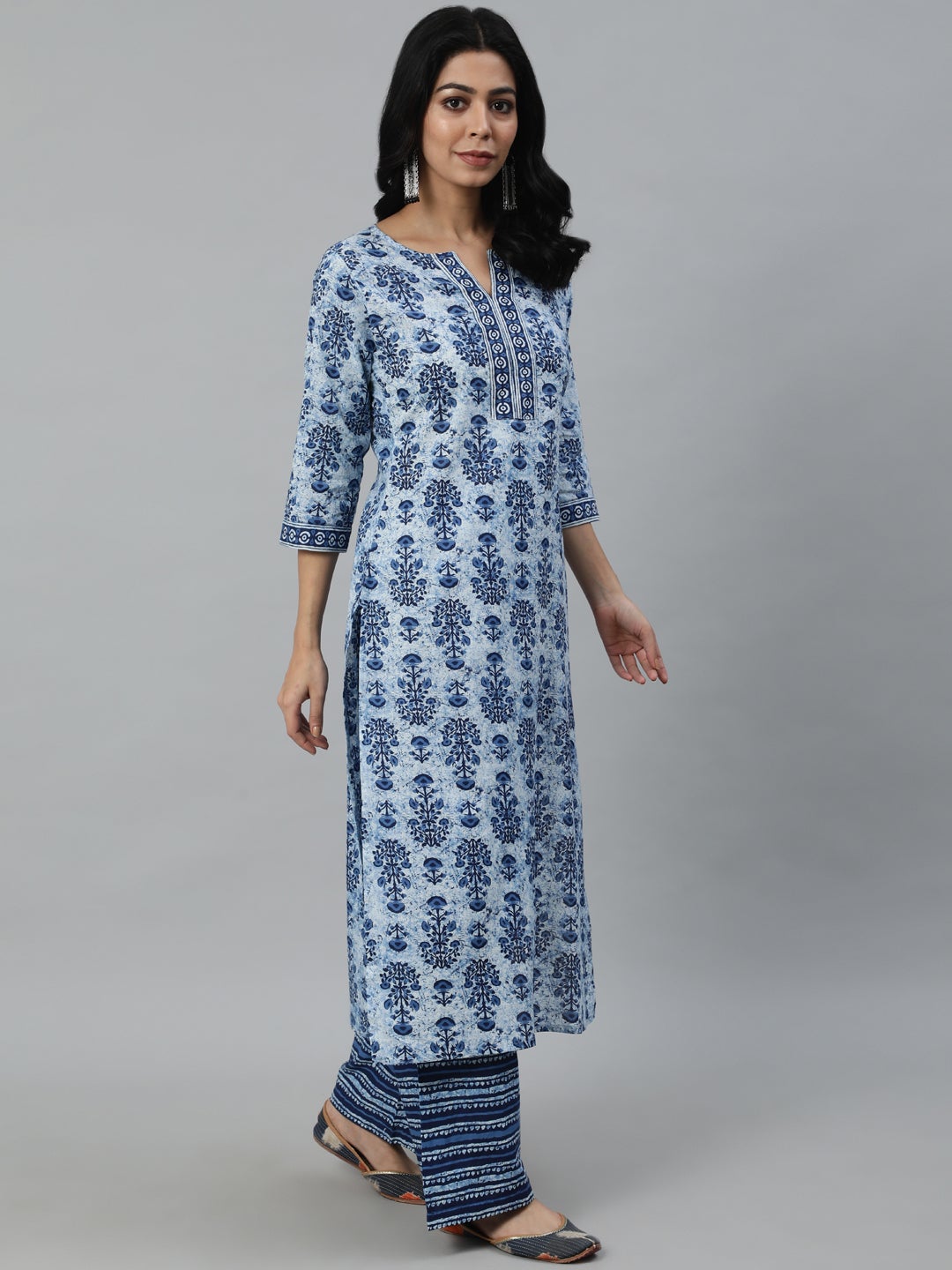 Women Blue Ethnic Motifs Printed Pleated Pure Cotton Kurta with Palazzos & Dupatta | NOZ2TOZ - Made In INDIA.