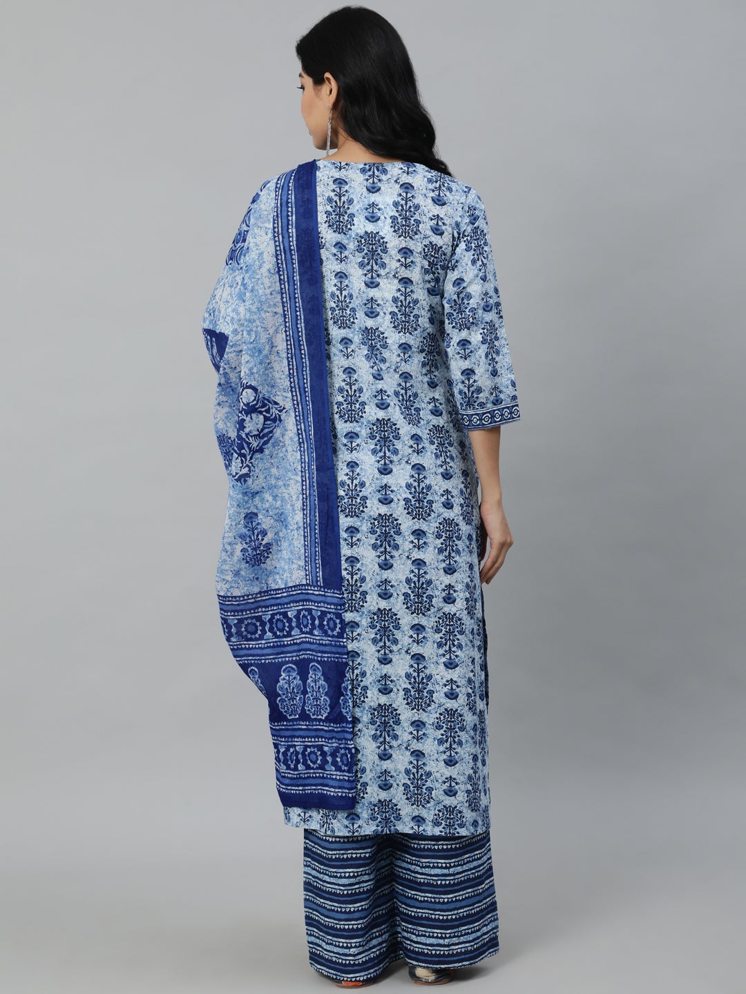 Women Blue Ethnic Motifs Printed Pleated Pure Cotton Kurta with Palazzos & Dupatta | NOZ2TOZ - Made In INDIA.