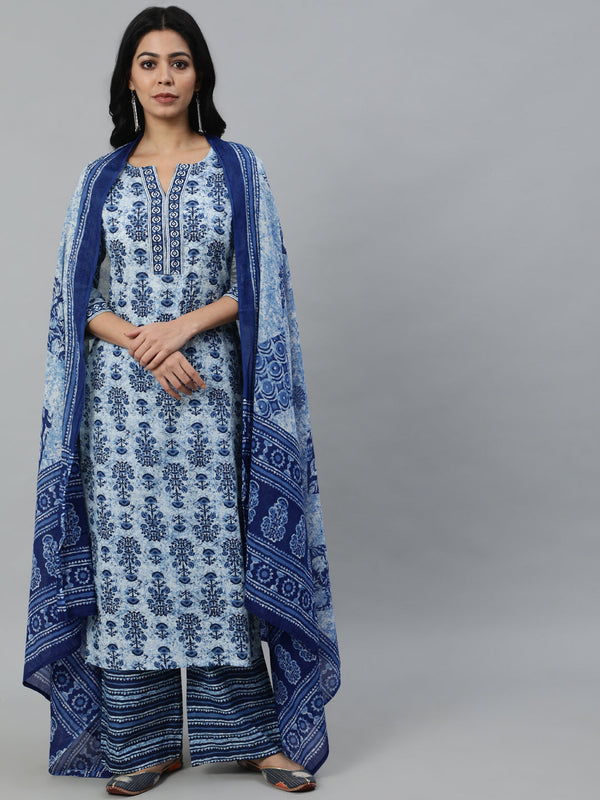 Women Blue Ethnic Motifs Printed Pleated Pure Cotton Kurta with Palazzos & Dupatta | NOZ2TOZ - Made In INDIA.