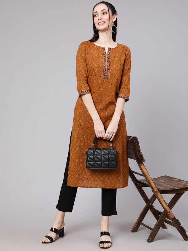 Women Mustrad Ethnic Printed Straight Kurta with Three Quarter Sleeves | NOZ2TOZ - Made In INDIA.