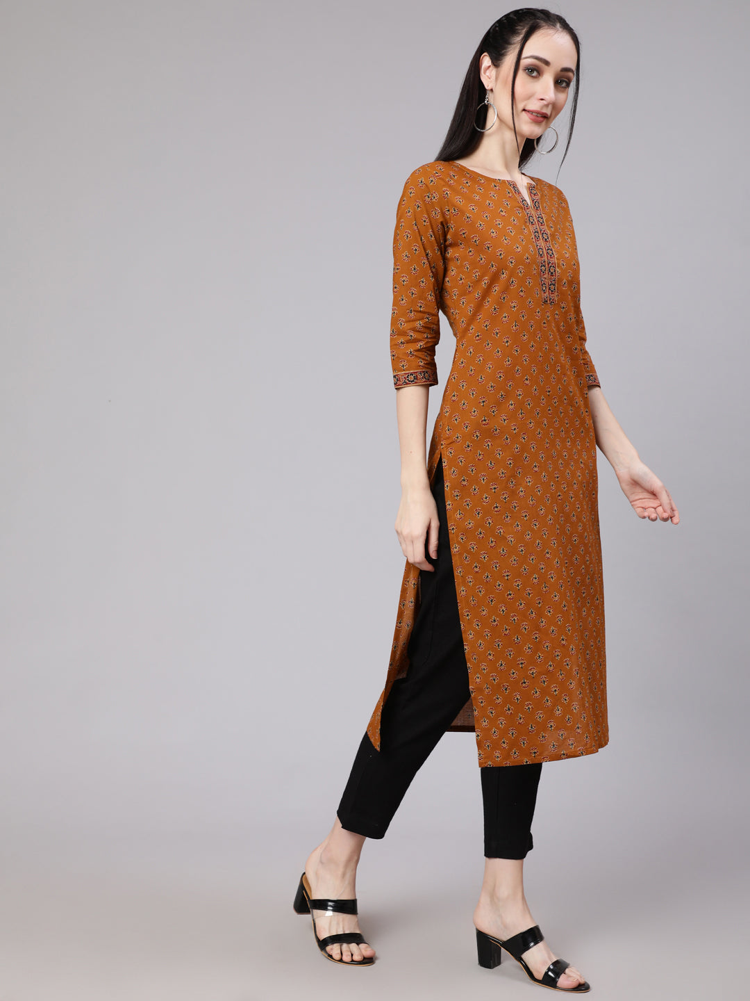 Women Mustrad Ethnic Printed Straight Kurta with Three Quarter Sleeves | NOZ2TOZ - Made In INDIA.